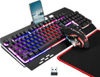 Teclado y mouse inalámbricos RGB para juegos, retroiluminación recargable, batería de larga duración, sensación mecánica de panel de metal con reposamanos, mouse para juegos de 7 colores y alfombrilla