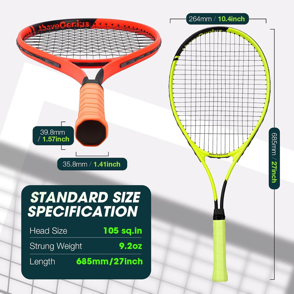 Paquete de 2 raquetas de tenis neón para adultos, juego de raquetas de tenis de aluminio ligeras de 27 pulgadas con 3 pelotas y bolsa, acabado mate vibrante de alta visibilidad para