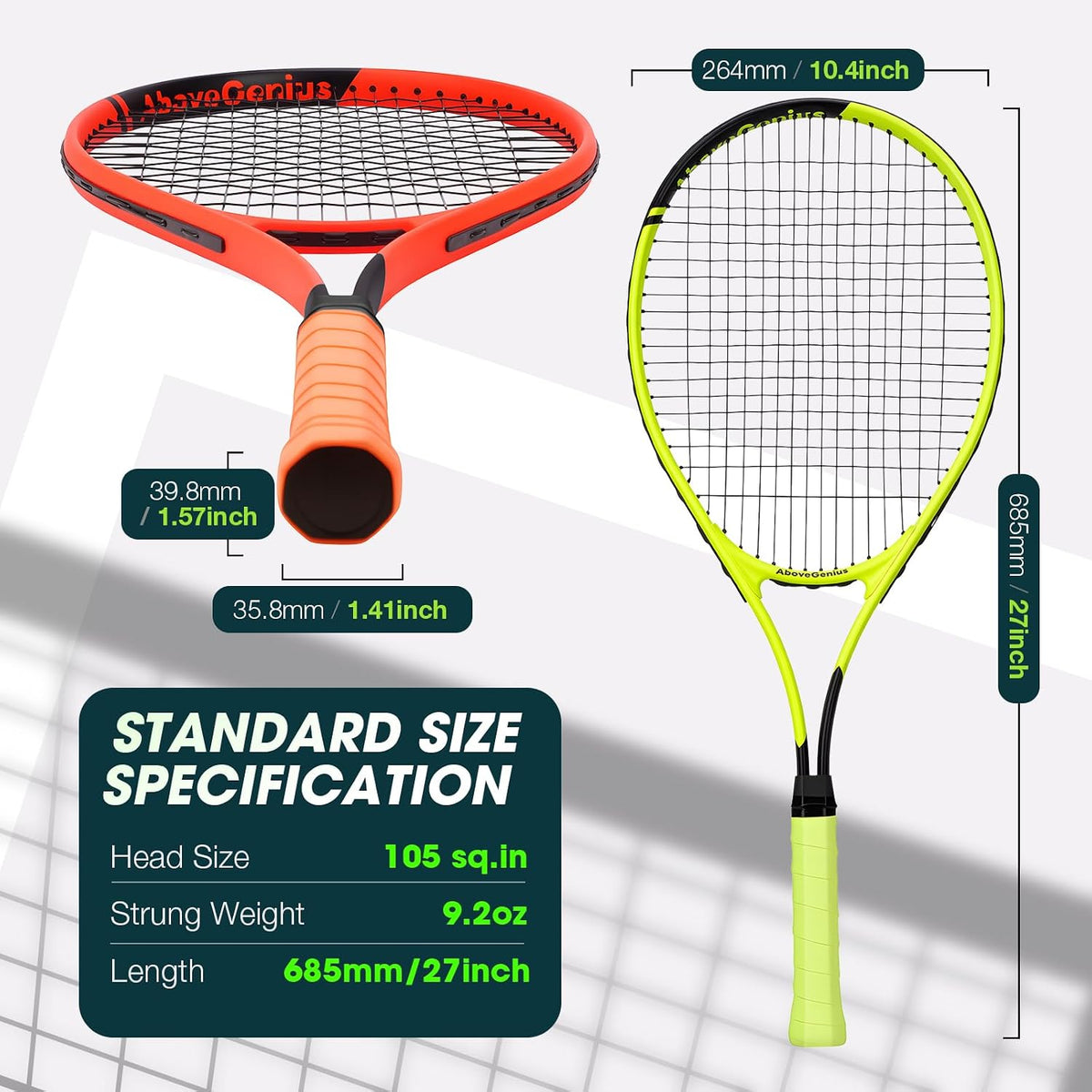 Paquete de 2 raquetas de tenis neón para adultos, juego de raquetas de tenis de aluminio ligeras de 27 pulgadas con 3 pelotas y bolsa, acabado mate vibrante de alta visibilidad para
