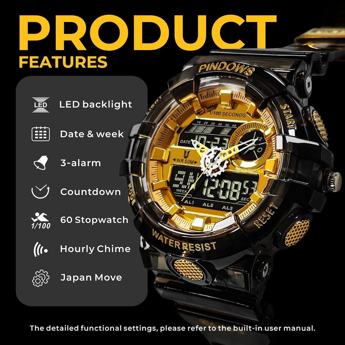 Relojes PINDOWS para hombre, transparente dorado, analógico digital, doble hora, 50M resistente al agua, retroiluminación LED, multifuncional con alarmas, cronómetro, ideal para deportes, actividades