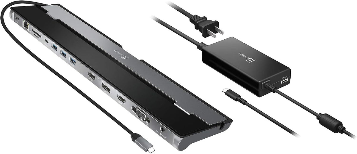 j5create Estación de acoplamiento USB tipo C con cargador PD de 100W - Soporta 3 pantallas | HDMI, DisplayPort, VGA, carga PD de 100W, Ethernet de 1Gbps | para MacBook Pro/Air, XPS y más (JCD543P)
