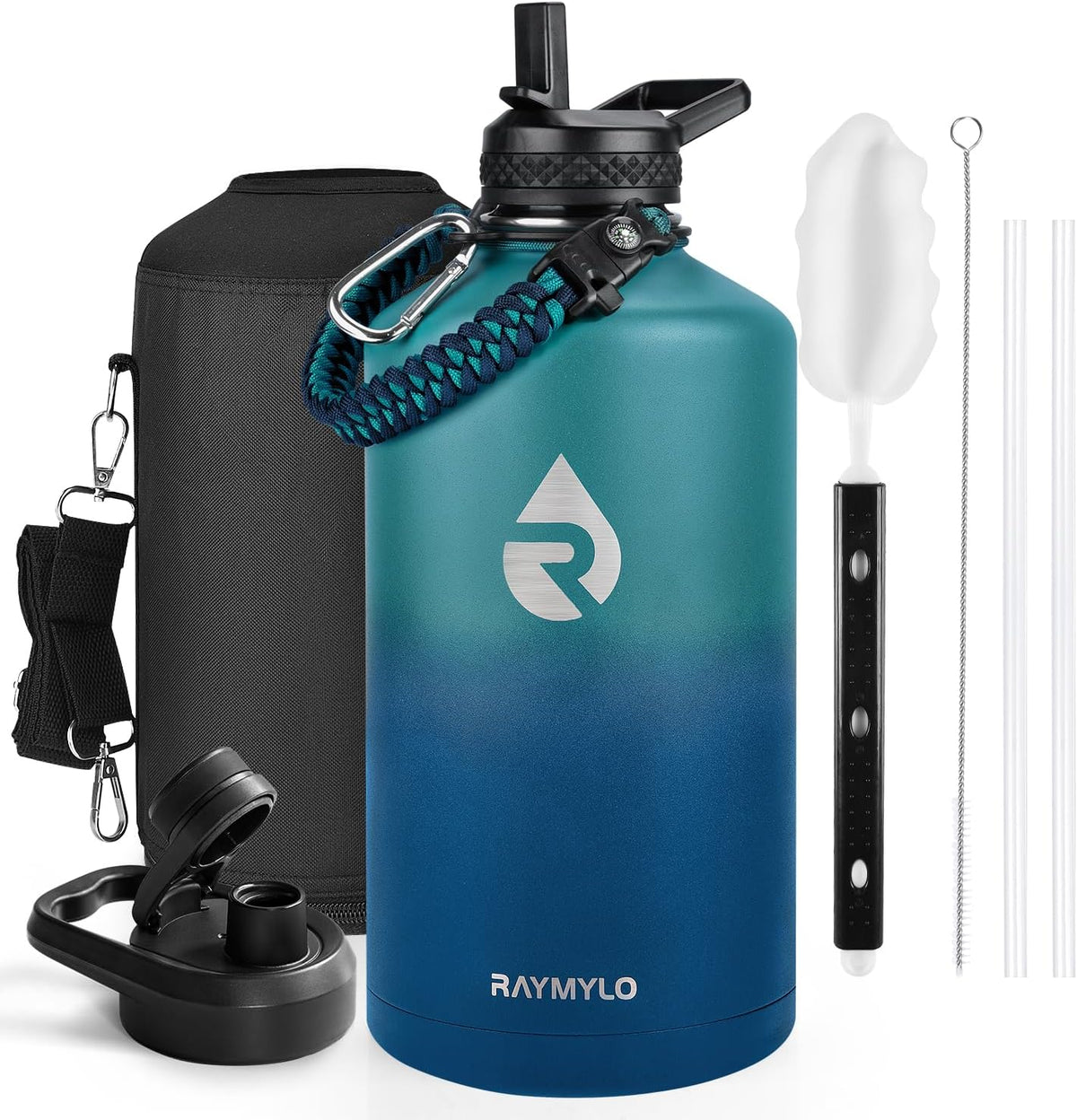 RAYMYLO Botella de agua de un galón de acero inoxidable con aislamiento al vacío de triple pared (fría por 48 horas), a prueba de fugas, sin BPA, con cuerda de paracaídas, tapa con boquilla y popote