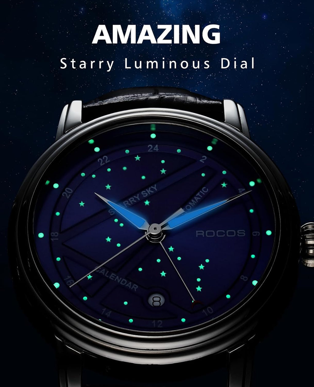 ROCOSJEWE Reloj mecánico automático de lujo para hombre, correa luminosa de acero inoxidable, impermeable, visualización de fecha, relojes de negocios de moda para hombres