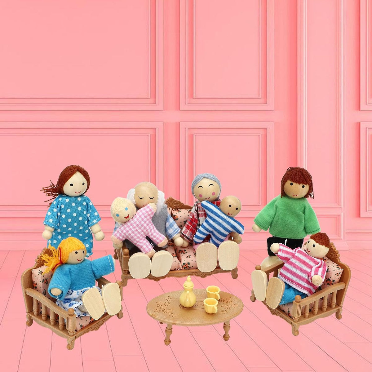 ONEST Juego de Familia para Casa de Muñecas de Madera de 15 Piezas
