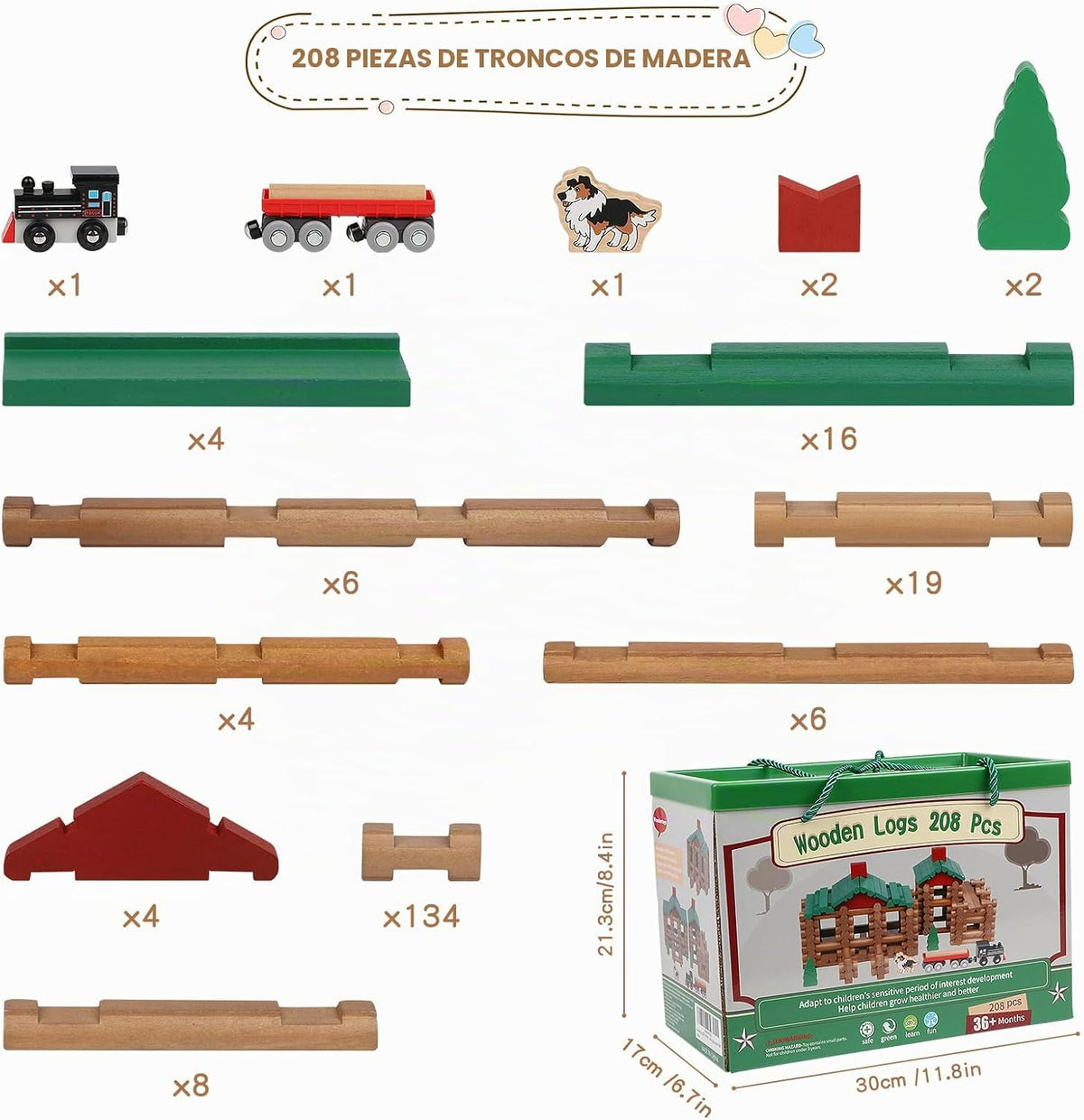 Wondertoys Juego de troncos de madera de 208 piezas, troncos de construcción clásicos a partir de 3 años, el mejor juego de regalo de construcción retro para niños, regalos educativos de ingeniería de