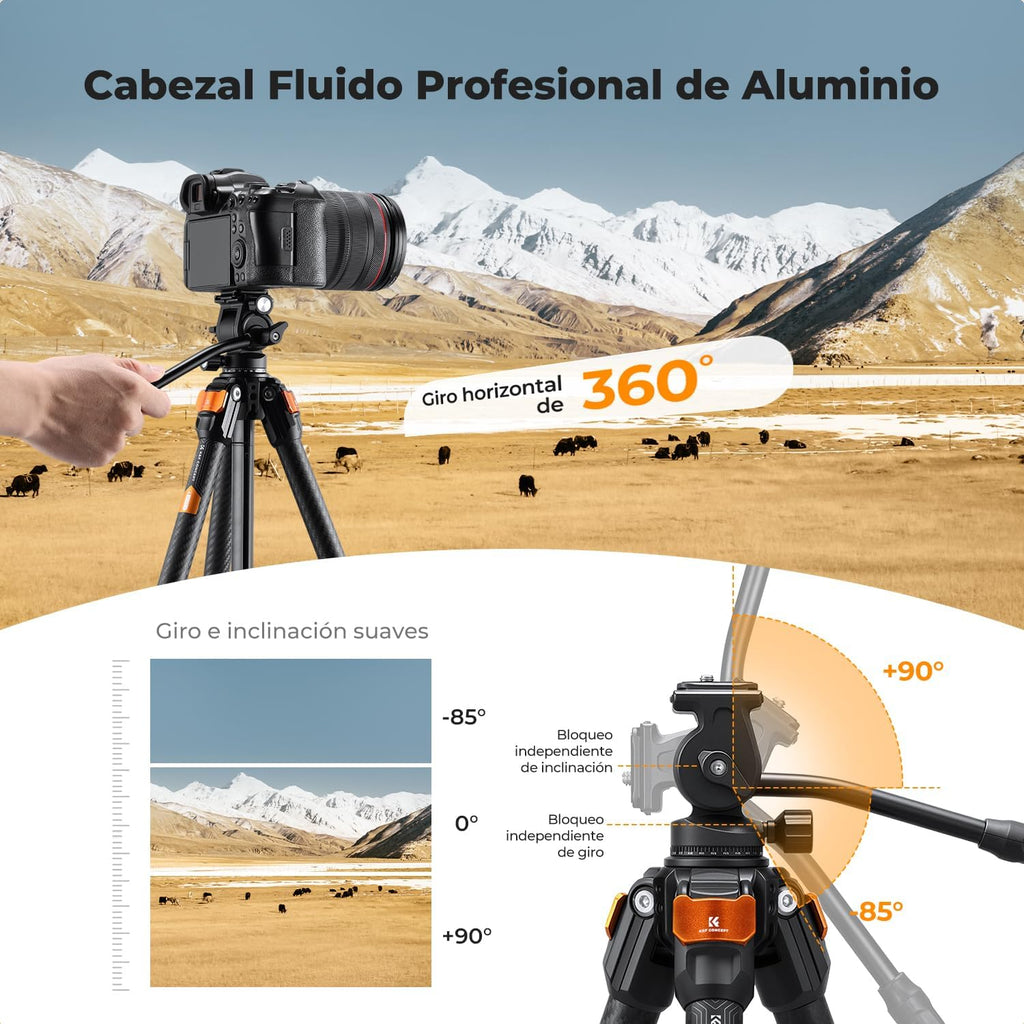 K&F CONCEPT Trípode de fibra de carbono con cabezal fluido de 61 ''