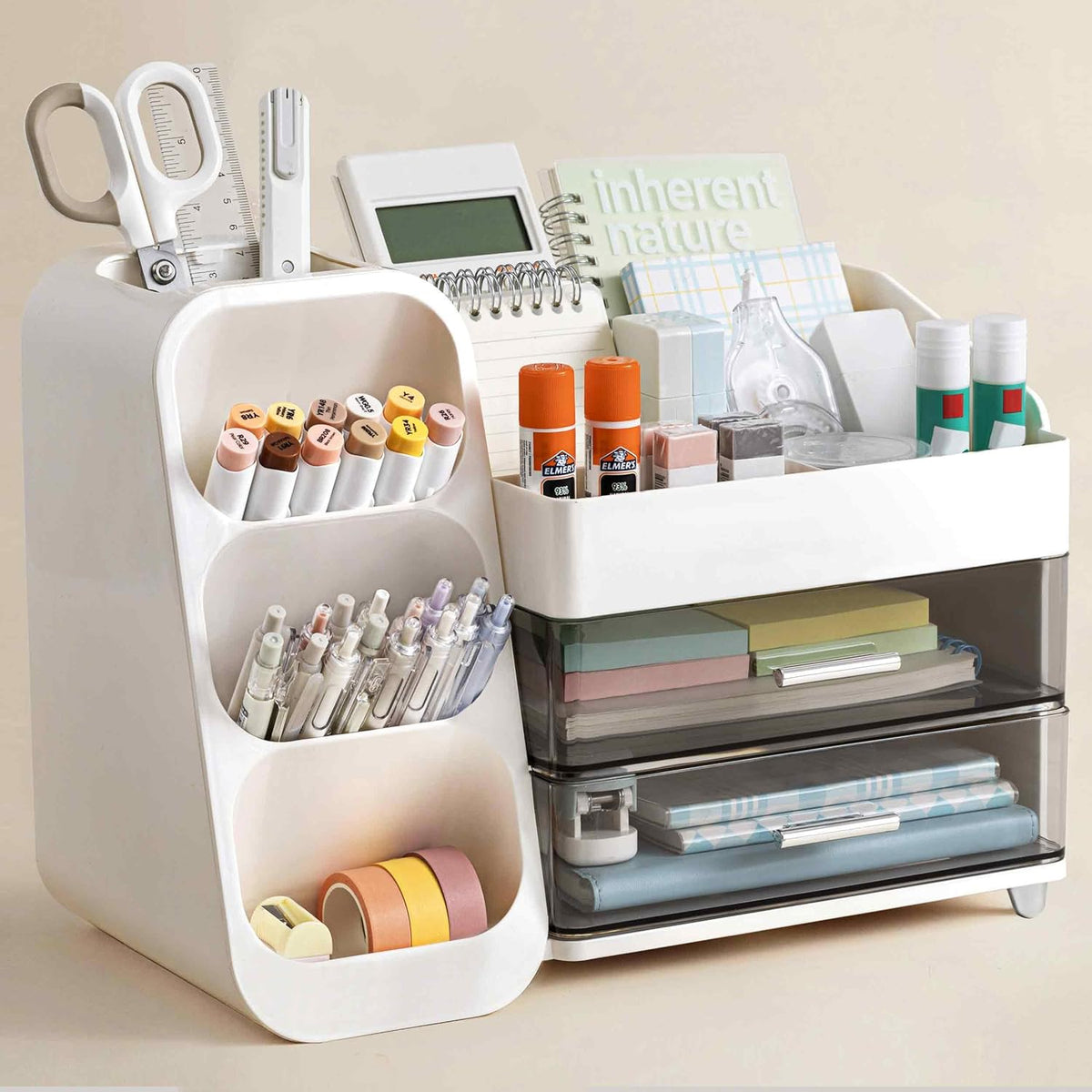 Organizador de escritorio HBlife con soporte para bolígrafos y lápices, organizador de bolígrafos con 2 cajones, organizadores de escritorio y accesorios con 4 compartimentos, almacenamiento de