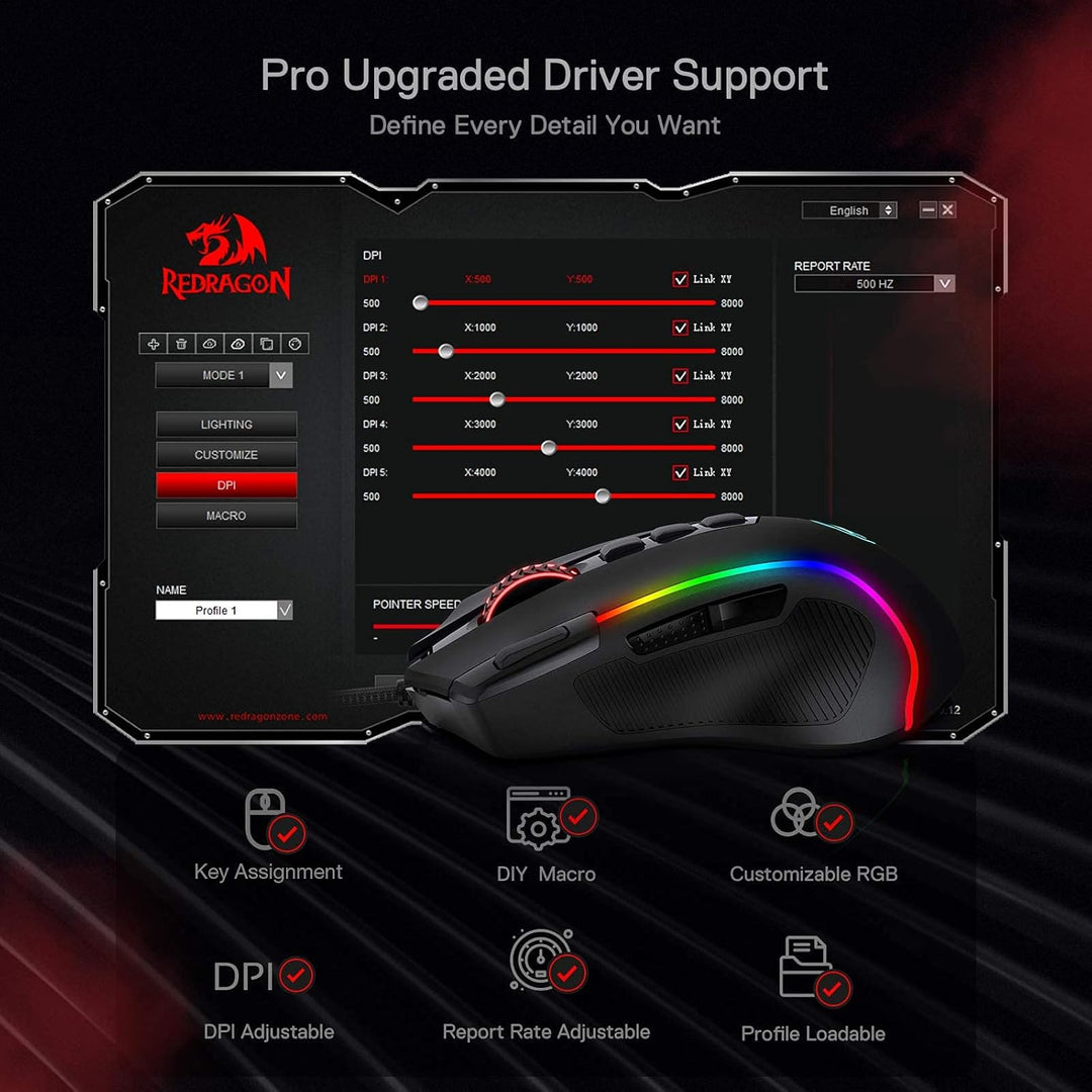 Redragon M612 Predator - Mouse para juegos RGB con cable, 8000 DPI,...