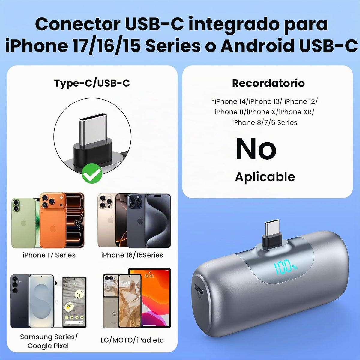 [2 Paquetes] Mini Cargador Portátil para iPhone 17\/16, 5500mAh Pan...