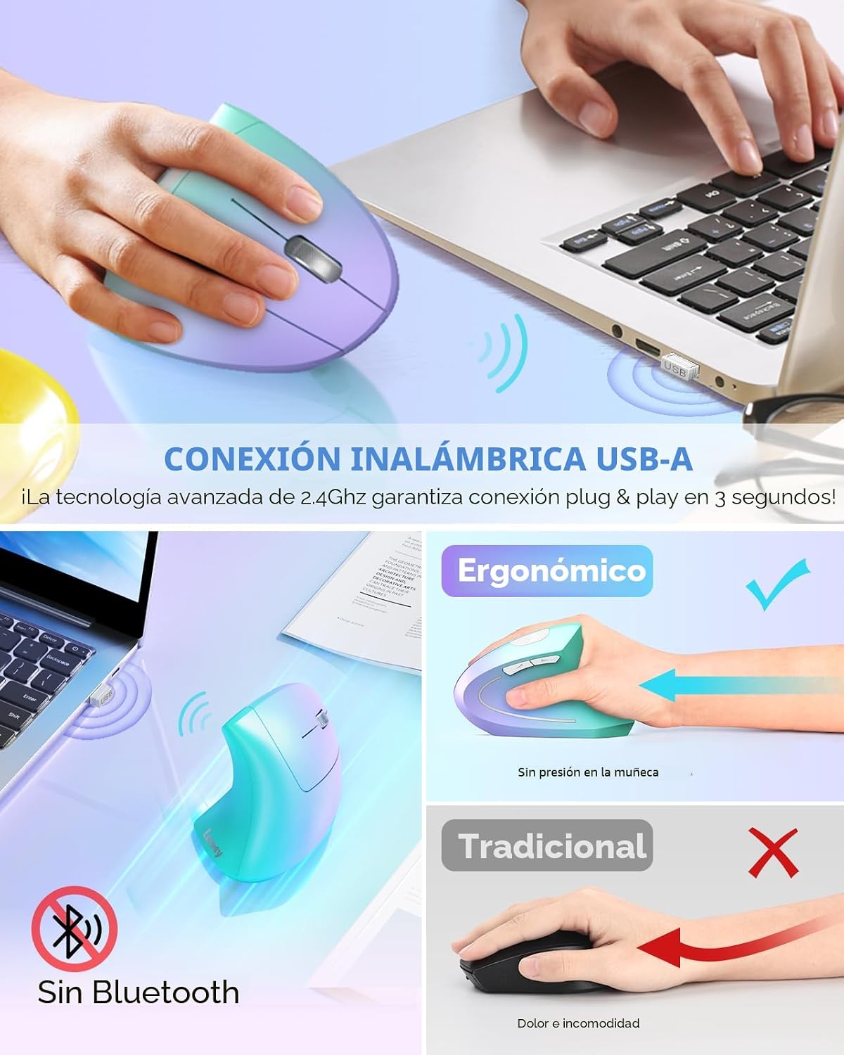 Lekvey Ratón ergonómico, ratón vertical inalámbrico, ratón recargab...
