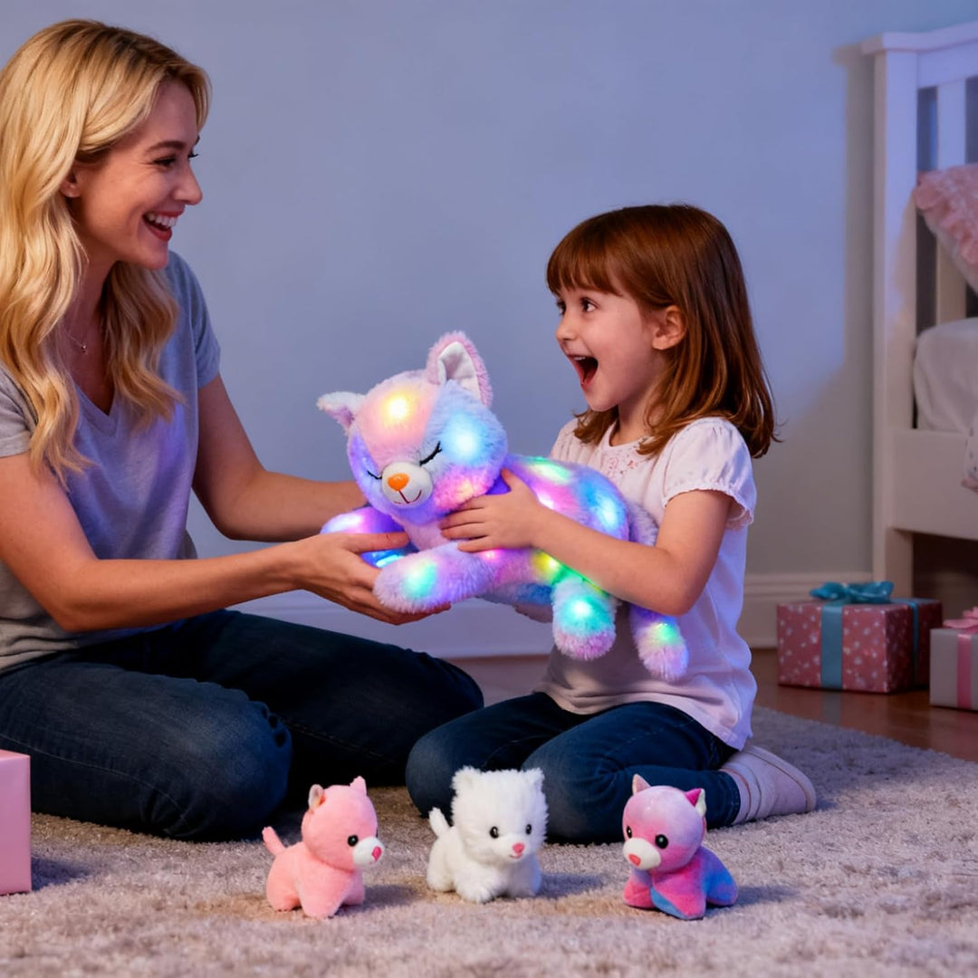 Hopearl Gatito de peluche con luces LED, mamá gato iluminada con 3...