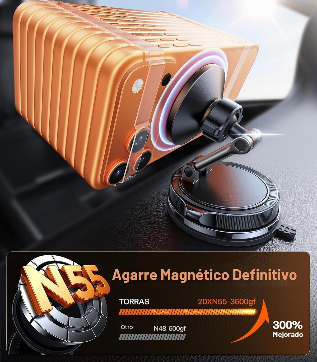 TORRAS - Aspiradora Magsafe 2026 para montaje de automóvil 【98+LBS de succión más fuerte y ultra imán】 Soportes magnéticos para teléfono para tu automóvil, soporte de teléfono ajustable de 360° para