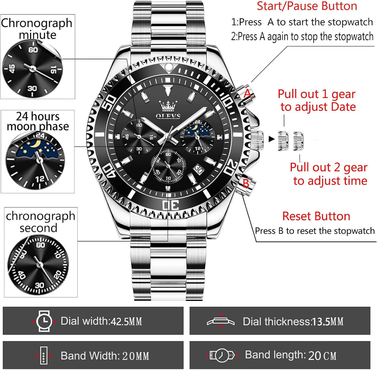OLEVS Reloj para hombre impermeable de acero inoxidable, gran esfera, relojes para hombres, regalos