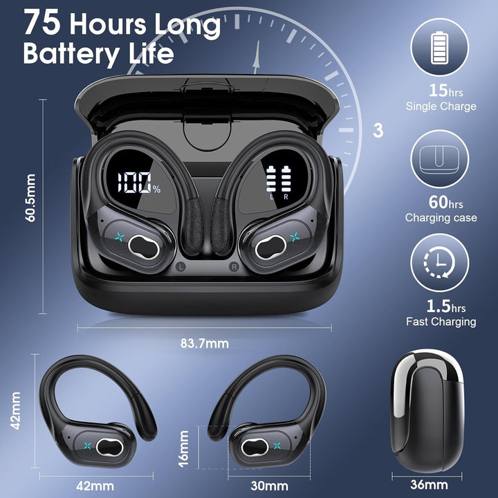 Auriculares inalámbricos Bluetooth 5.4 de 75 horas para deporte, au...