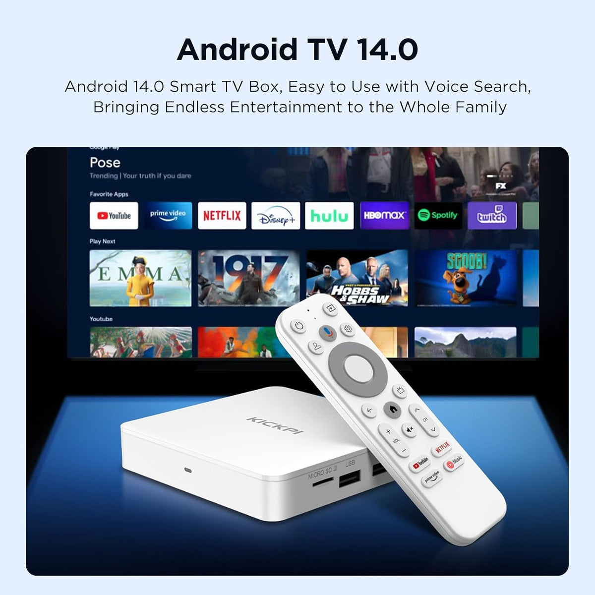 KP1 Android TV Box Google Certified 4K Streaming Device 2GB RAM 16GB ROM con búsqueda por voz, Chromecast integrado Dolby Audio WiFi5 Bluetooth 5.0, entretenimiento en el hogar inteligente
