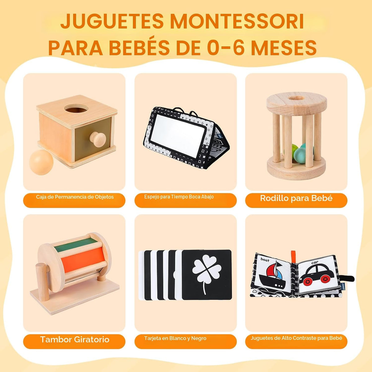 Juguetes Montessori para bebés de 0 a 6 meses, juego educativo de aprendizaje 6 en 1 para recién nacidos, regalos para niños pequeños, incluye tambor giratorio, caja de permanencia de objetos, espejo de tiempo abdominal para bebés y más