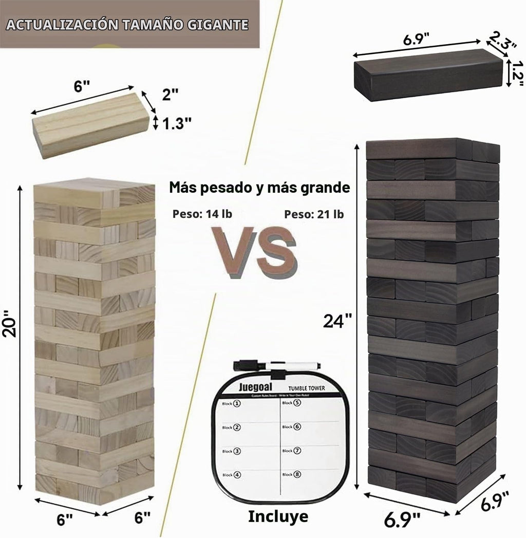 Juegoal Torre Gigante de Caída de 54 Piezas Gris para Adultos, Niños y Familia, Juego de Apilamiento de Bloques de Madera con Tablero de Juego y Bolsa de Lona, Juegos al Aire Libre para Patio Trasero