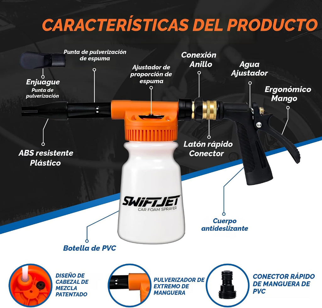 SwiftJet Pistola de espuma para lavado de autos + guante de lavado de microfibra, cañón de espuma que funciona con cualquier jabón, rociador de espuma para manguera de jardín, kit de lavado de autos, accesorios de automóvil (pistola de espuma naranja con