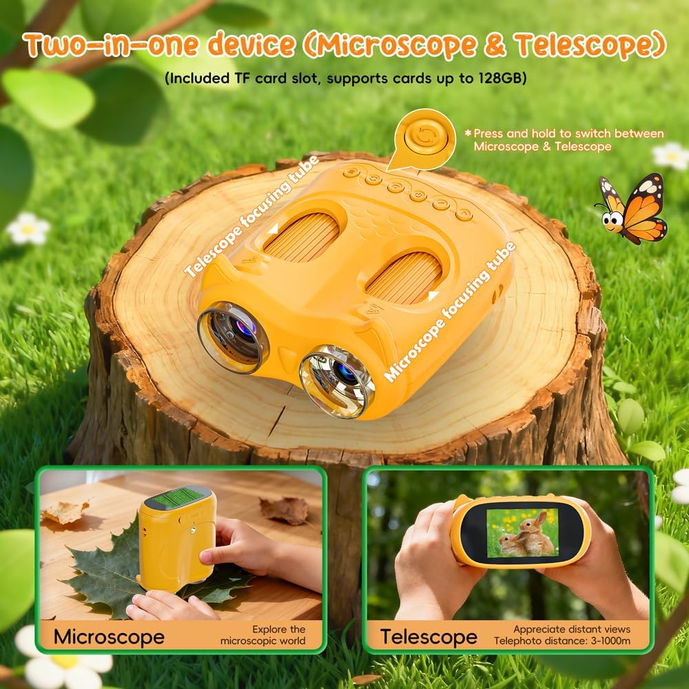 Microscopio digital 2 en 1 para niños, 2.0 pulgadas, 1000X, telescopio digital para niños, telescopio educativo portátil HD para regalo de cumpleaños de niños, juguetes divertidos de ciencia para niños de 4 a 12 años (amarillo)