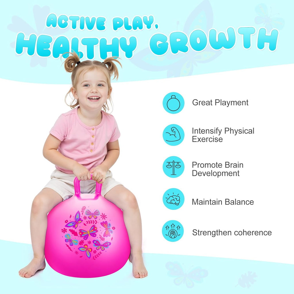 Pelota saltarina PlayZap para niños de 3 a 8 años, pelota hinchable rosa de 18 pulgadas con asas, juguetes inflables hippity hop para saltar y rebotar para interiores y exteriores para niños y niñas
