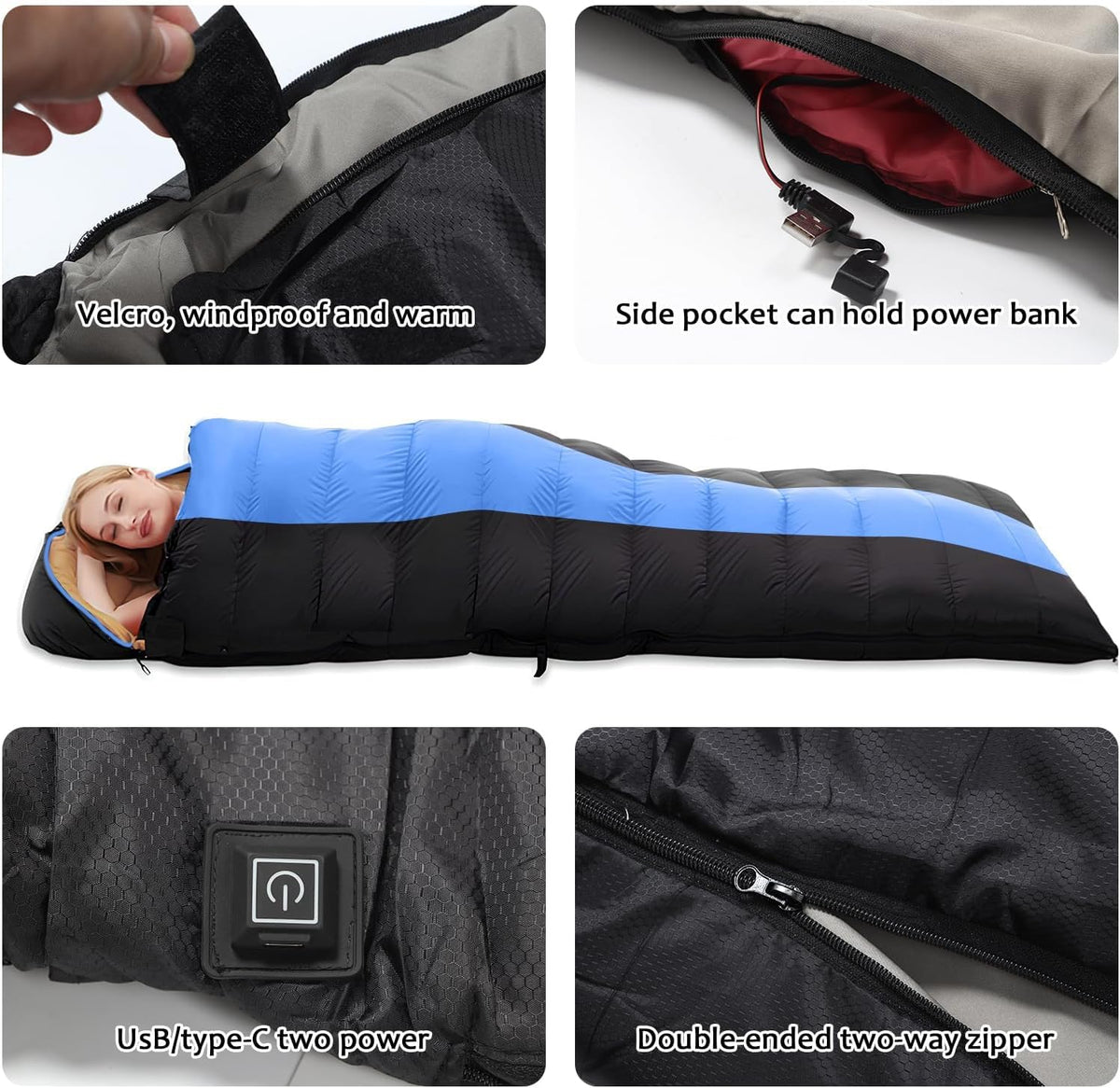 Sacos de dormir calefaccionados para adultos, camping en clima frío, 95–149°F para 4 estaciones