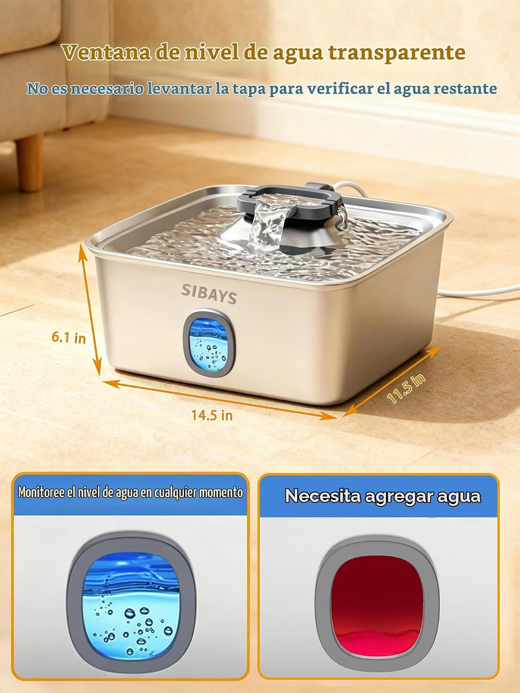SIBAYS Fuente de agua grande para perros de 4 galones/15L, fuente de acero inoxidable para mascotas con ventana de agua y luz LED, dispensador automático ultra silencioso para perros grandes y múltiples mascotas, fácil de limpiar FS76