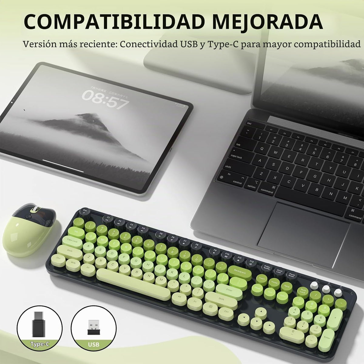 Teclado y ratón inalámbricos, MOFII con teclas redondas de 104 tecl...
