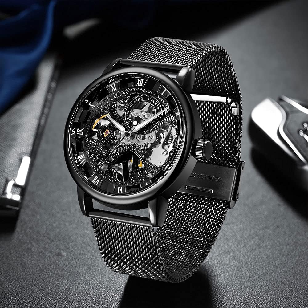 Reloj esquelético mecánico de malla para hombre, reloj deportivo casual de negocios a prueba de agua