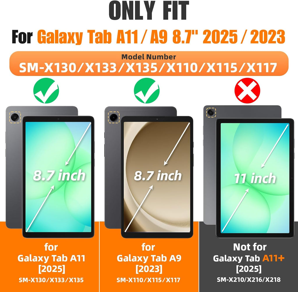 SEYMAC stock Funda para Samsung Galaxy Tab A11/A9 de 8.7 pulgadas (no para A11+Plus11 pulgadas), funda de protección contra caídas de cuerpo completo con protector de pantalla y soporte para lápiz