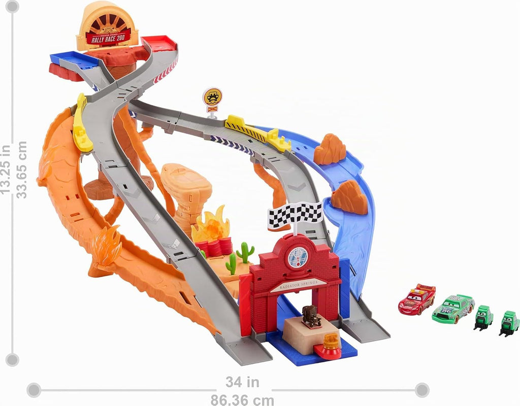 Mattel Disney y Pixar Cars Set de Juguetes, Rayo McQueen y Chick Hicks y 2 Vehículos del Equipo de Pobretones, 2 Maneras de Carrera, Pista de Carrera y Rescate Carretera de Rescate