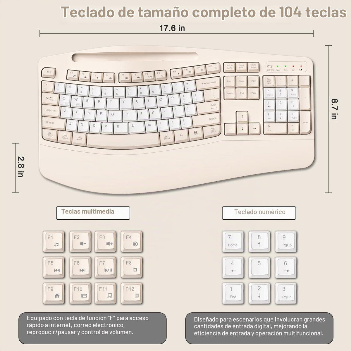 Combo de teclado y mouse inalámbricos, teclas onduladas de tamaño c...