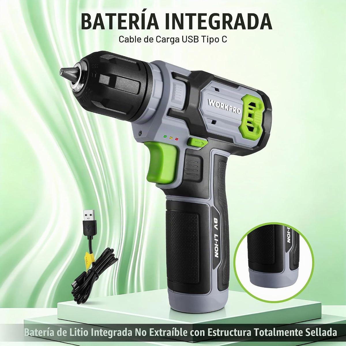 WORKPRO 8V Cordless Drill Set con Battery y Charger, 3/8" Keyless Chuck