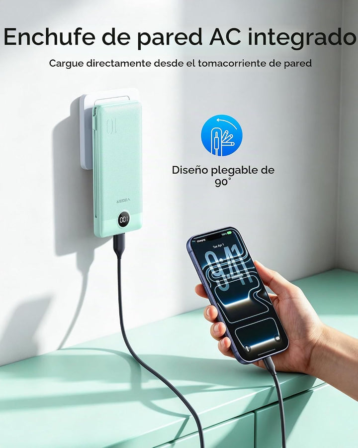VEGER Cargador portátil con enchufe AC incorporado y cables, banco...