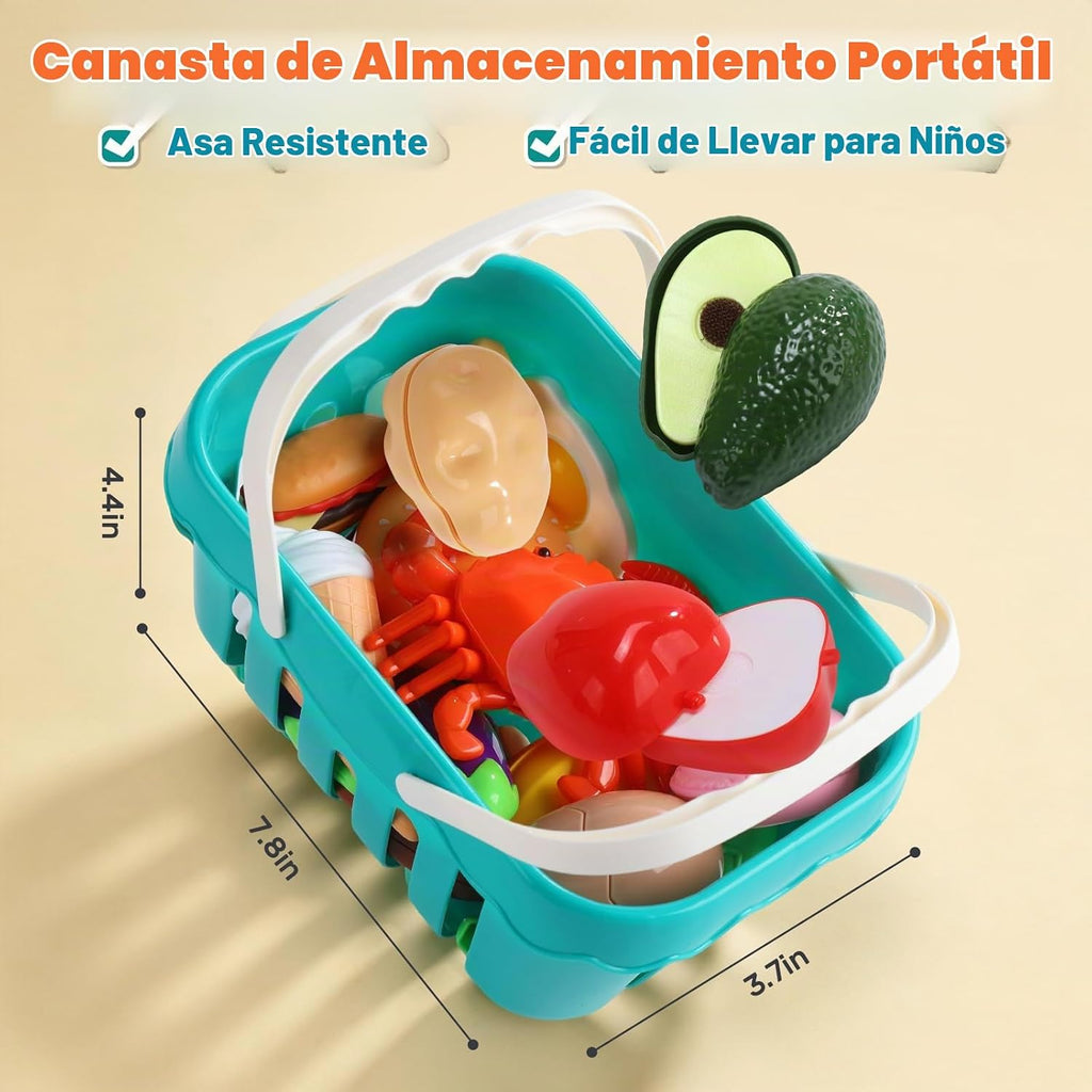 HOLYFUN 74PCS Accesorios de cocina para niños con comida de juego y cesta