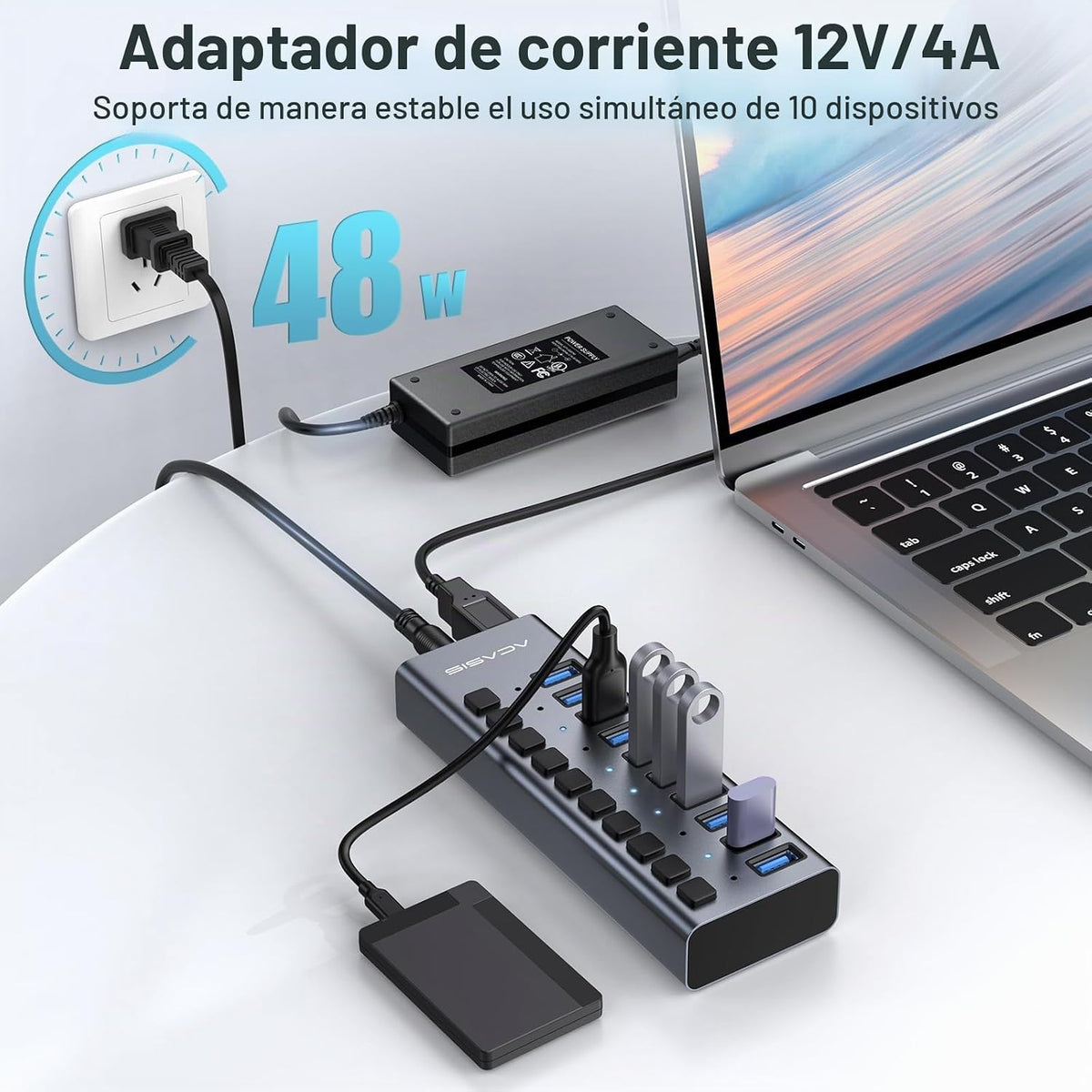 ACASIS, HS-710, hub USB 3.2 de 10 puertos, alimentado