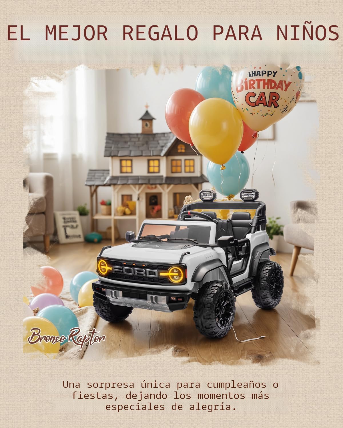 First Ride On - Coche de juguete con licencia Ford Bronco Raptor de 24 V y 2 plazas para niños, coche eléctrico con batería, control remoto con luces LED, música, alta y baja velocidad (24 V, blanco)