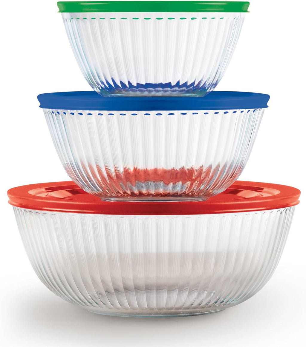 Pyrex Juego de cuencos de vidrio esculpidos (paquete de 3) con tapas de