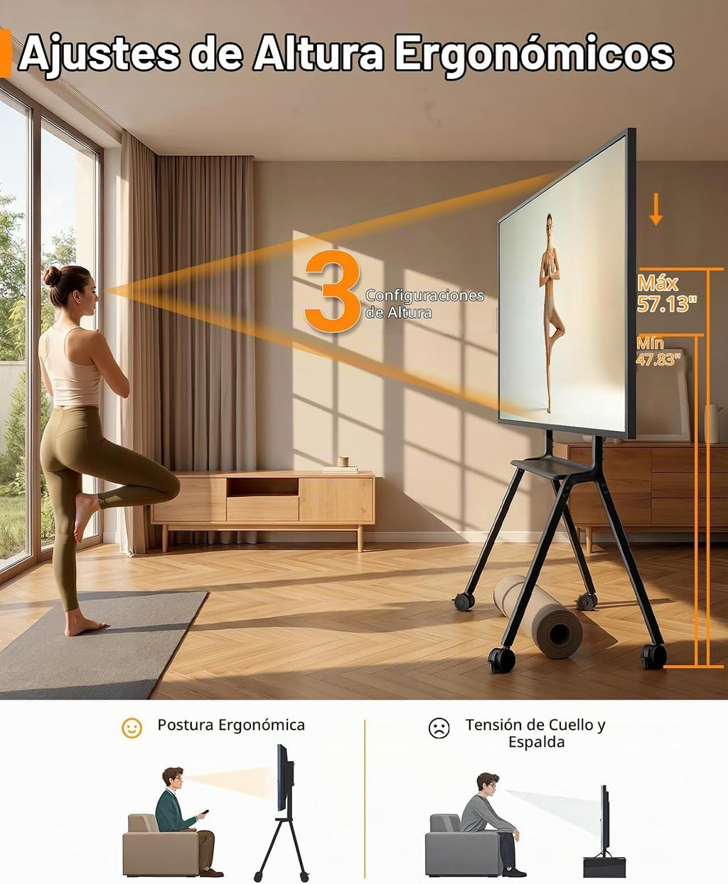 Lámpara Perlegear Soporte de TV rodante para televisores de 42 a 90 pulgadas de hasta 220 libras, soporte de TV resistente de cuatro patas con ruedas bloqueables, carrito de TV móvil de altura ajustable para