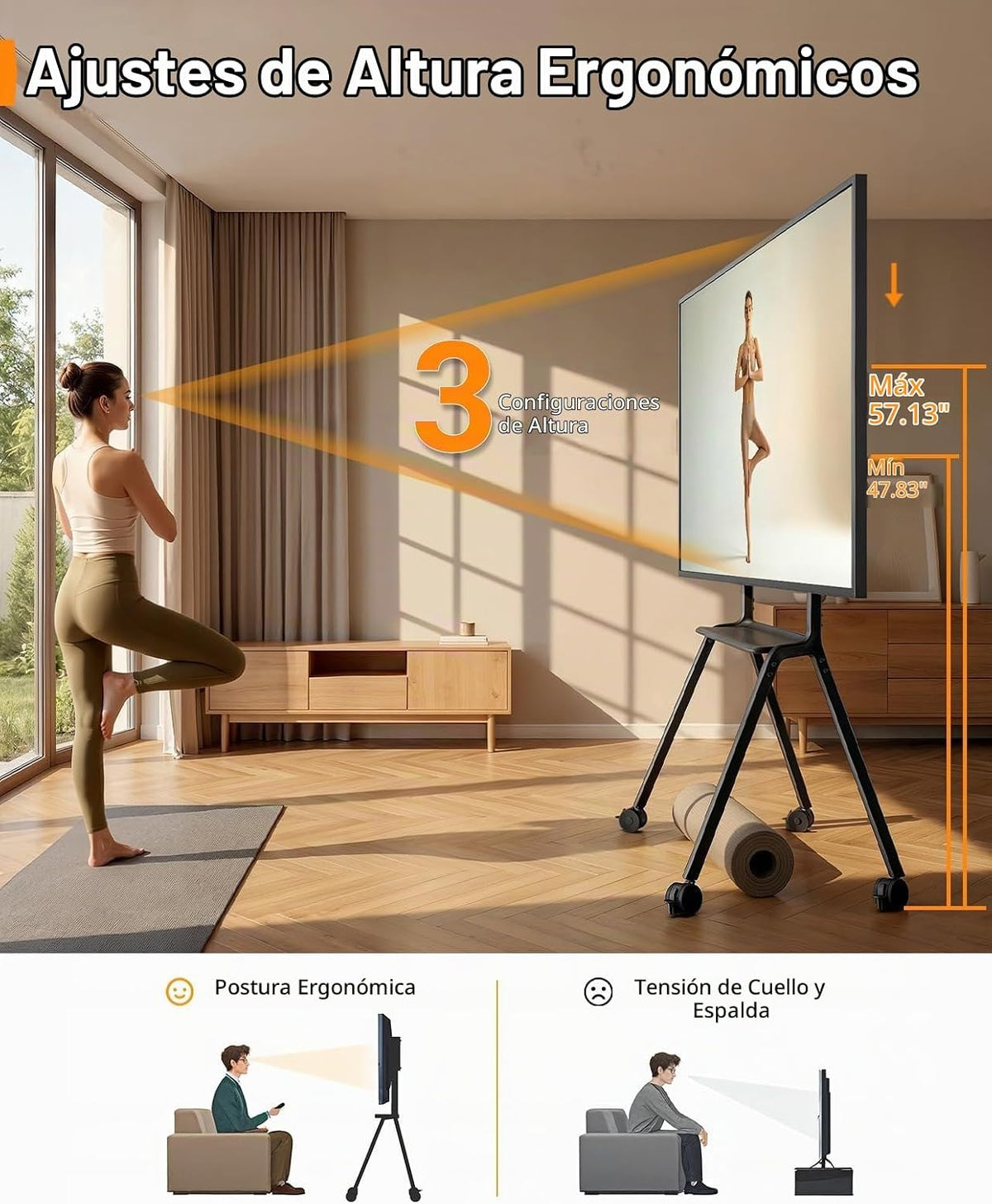 Lámpara Perlegear Soporte de TV rodante para televisores de 42 a 90 pulgadas de hasta 220 libras, soporte de TV resistente de cuatro patas con ruedas bloqueables, carrito de TV móvil de altura ajustable para