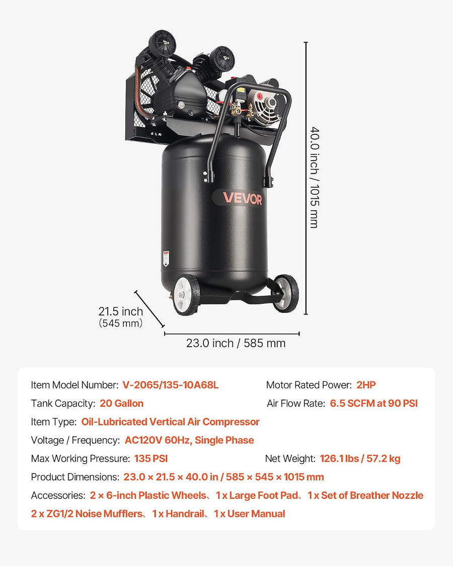 VEVOR Compresor de aire de 20 galones, 2HP 6.5SCFM a 90PSI, tanque...
