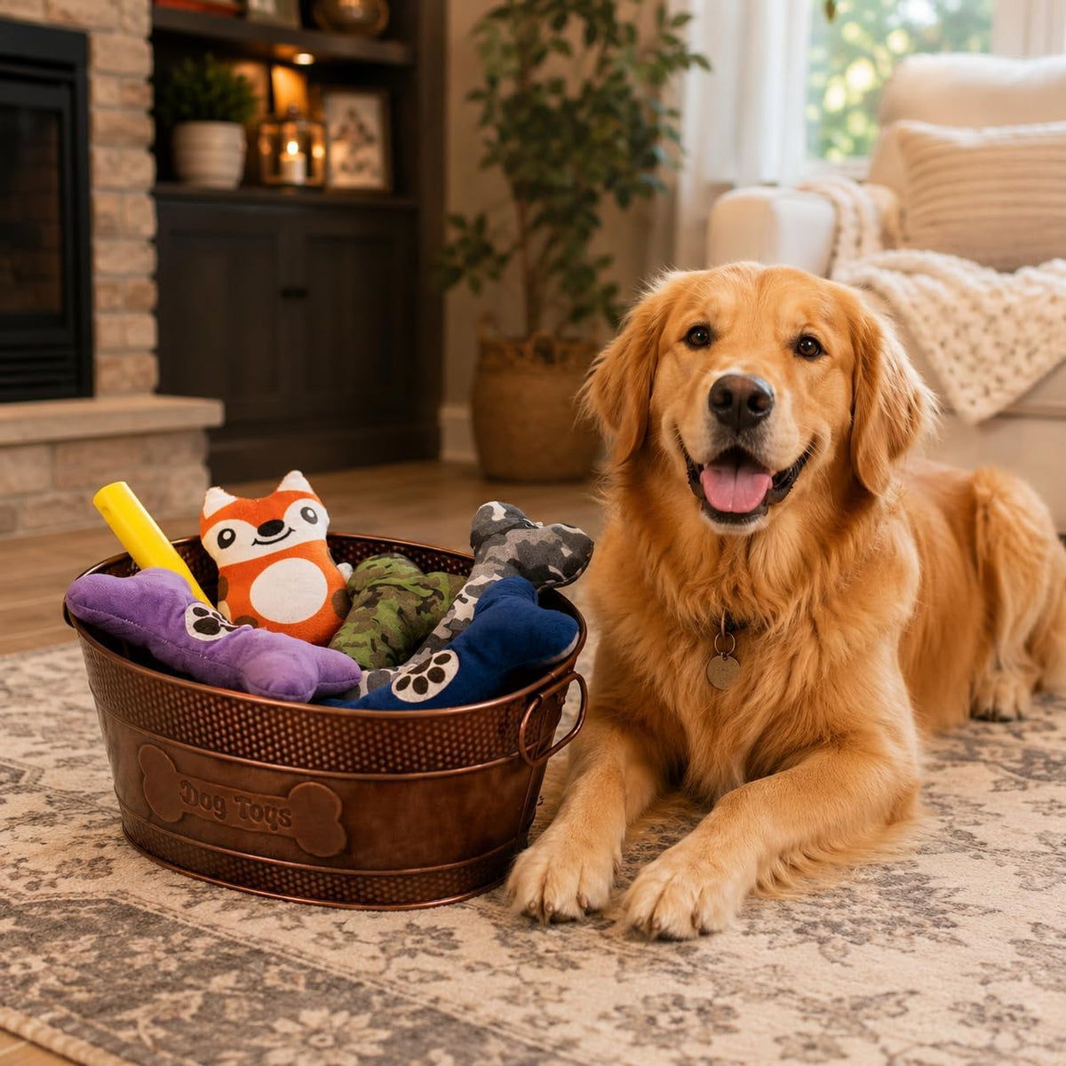 BREKX Contenedor para Juguetes y Alimentos de Mascotas en Metal Cobre con Asas, Indestructible