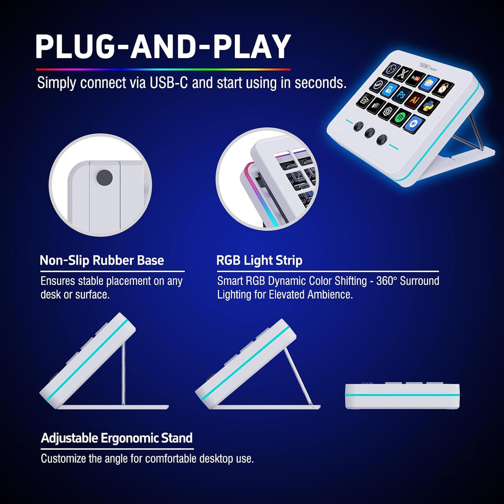 Teclado de teclas macro, controlador de transmisión de mazo de juego, teclado de accesos directos de transmisión de juego, 18 teclas programables, panel visual personalizable de IA USB