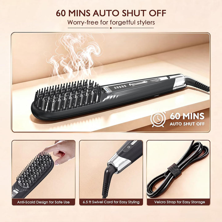 Cepillo alisador de pelo de vapor iónico para cabello y cabello riz...