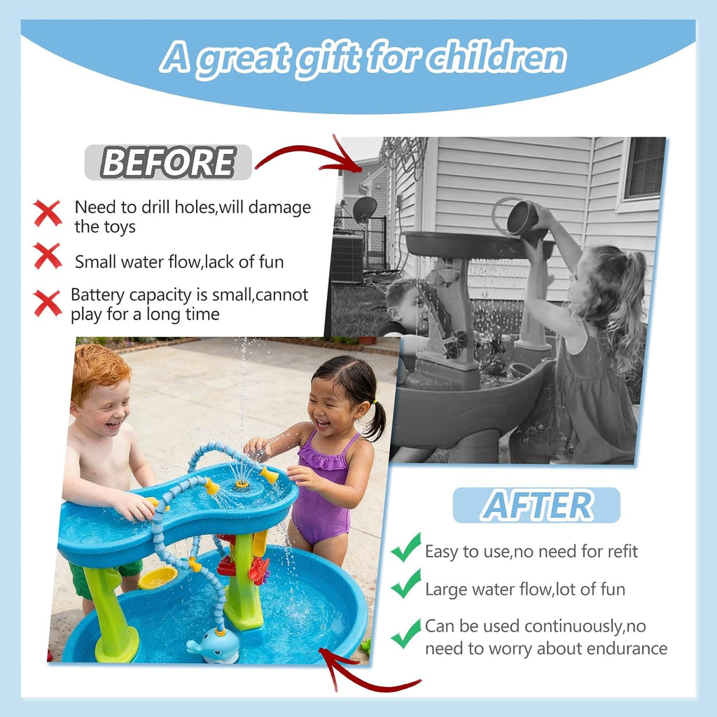 Bomba de mesa de agua recargable, bomba de juego de agua para niños, 3 modos de pulverización, compatible con la mayoría de mesas de actividades al aire libre para niños pequeños en el mercado, diseño