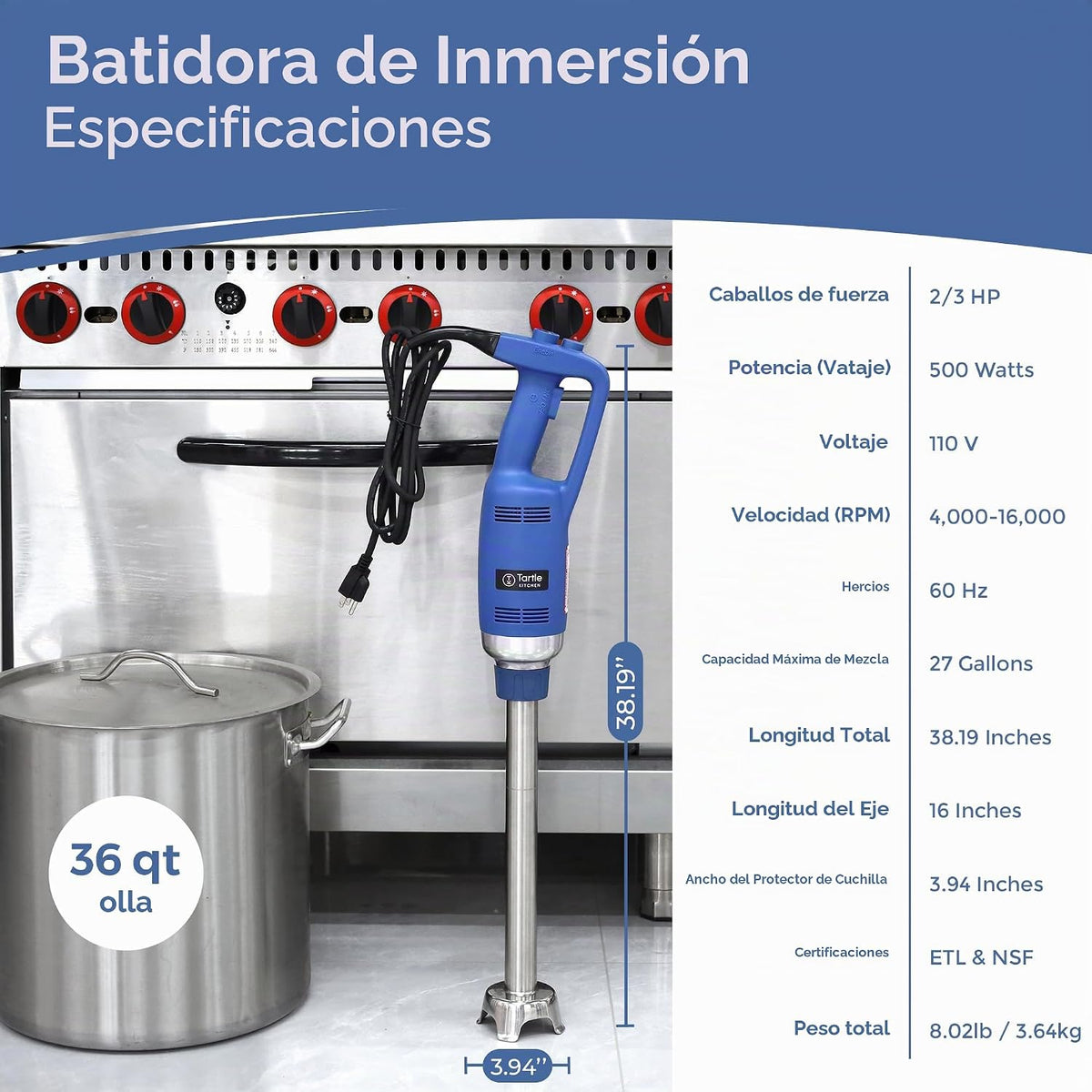 TK - Batidora de inmersión comercial de 500 W, resistente para restaurantes