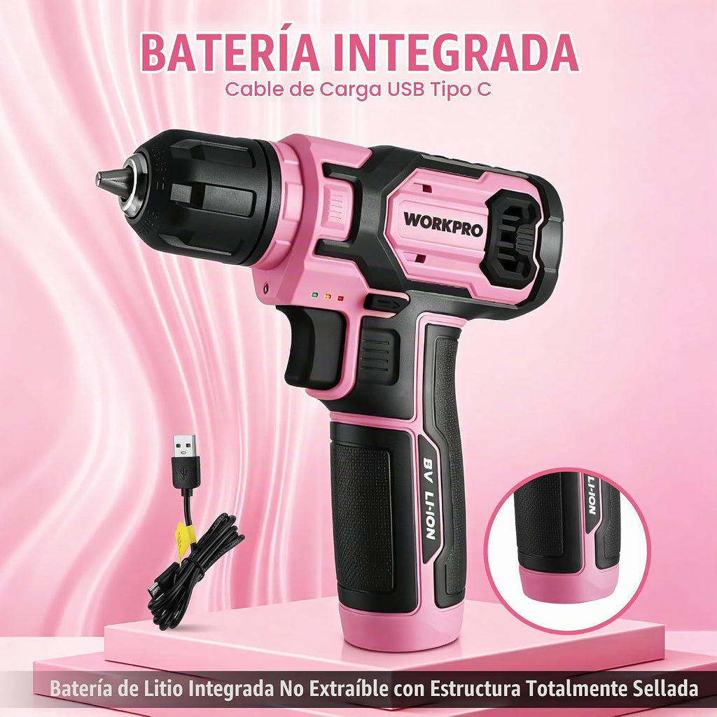 WORKPRO Juego de brocas de perforación rosa para taladro eléctrico para mujeres, juego de 8V