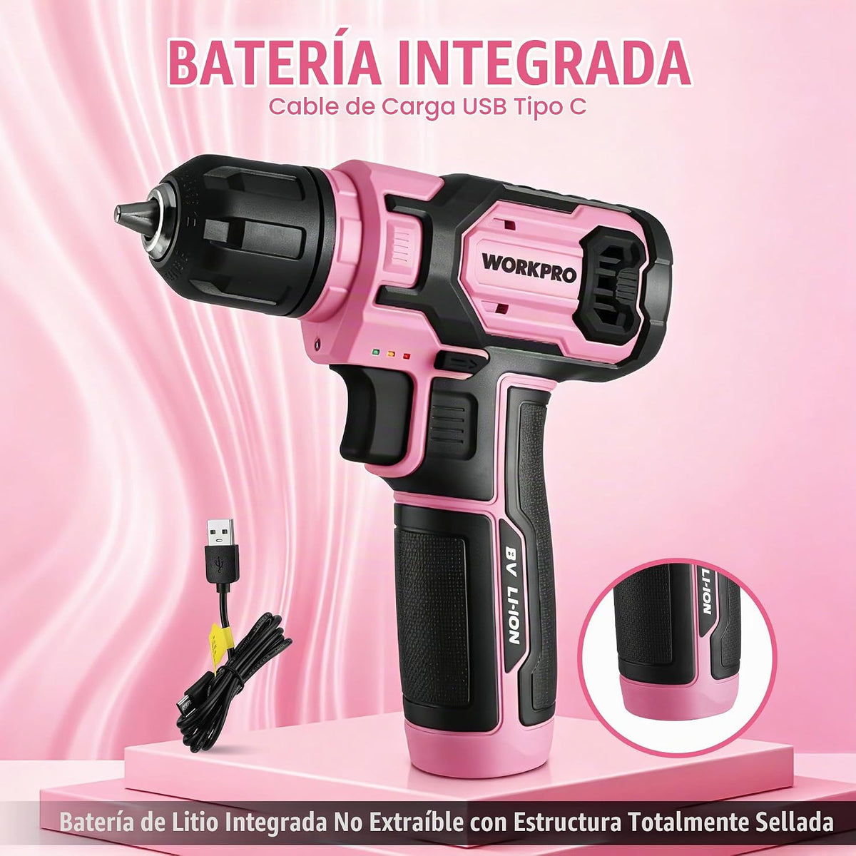 WORKPRO Juego de brocas de perforación rosa para taladro eléctrico para mujeres, juego de 8V