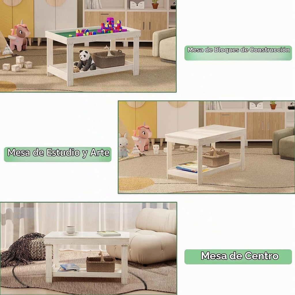 Mesa de actividades para niños con tablero y almacenamiento compatible con Lego, mesa de juego de madera para dibujar, bloques de construcción, lectura, regalos para niños y niñas