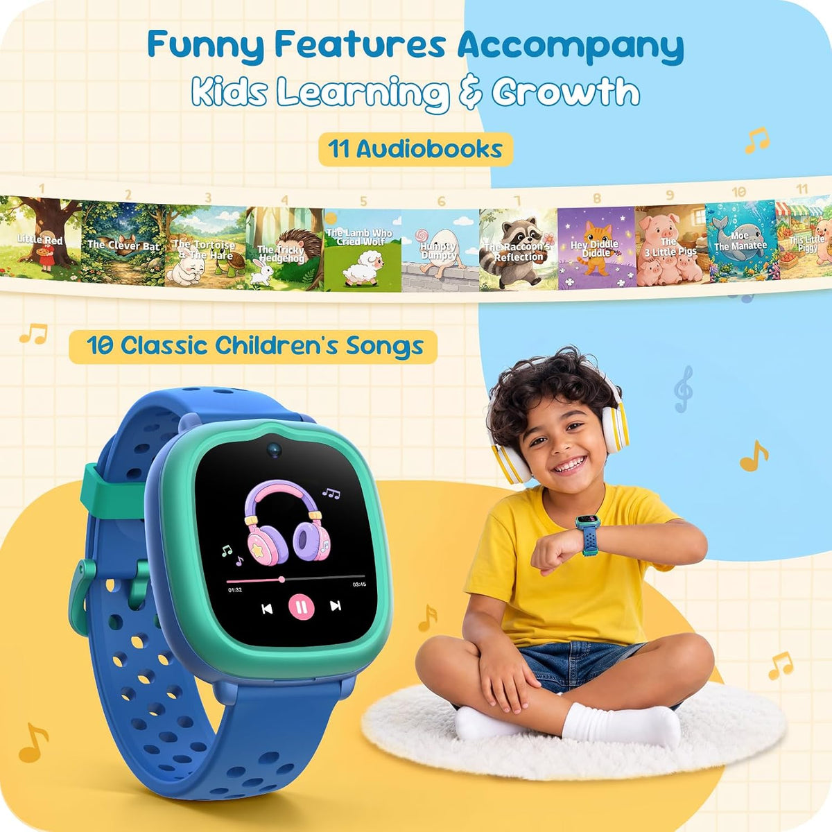 ENOMIR Reloj inteligente para niños de 3 a 12 años con cámara, podómetro, juegos, música, reloj inteligente para niños, rastreador de actividad física, audiolibros, control parental