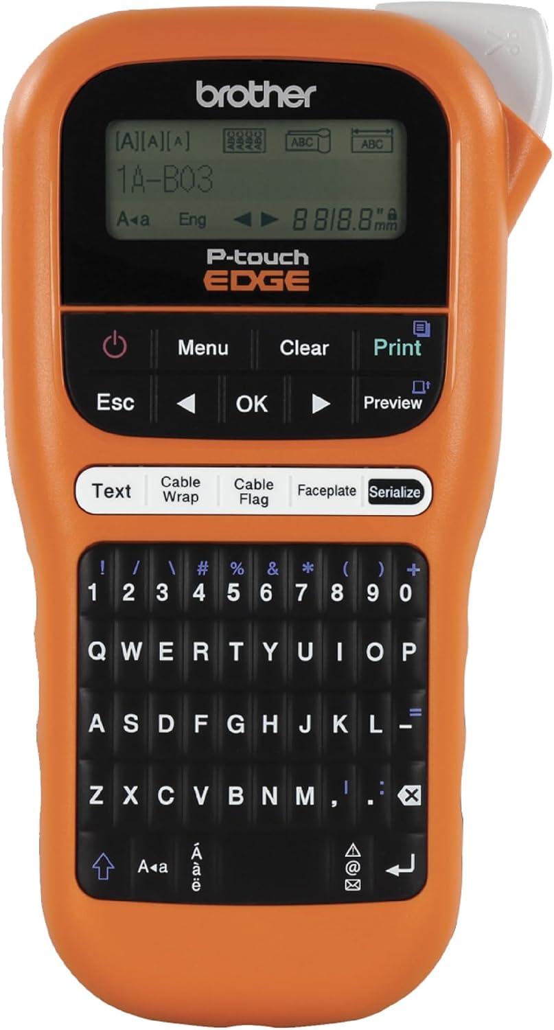 Brother PTE110 Kit de herramienta rotuladora de mano industrial de nivel de entrada - Hasta etiquetas de 12 mm, naranja